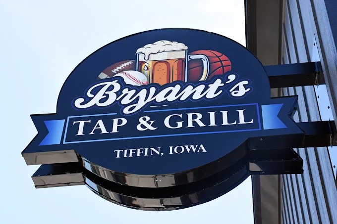 Bryant's Tap & Grill sign above the entrance in Tiffin, Iowa